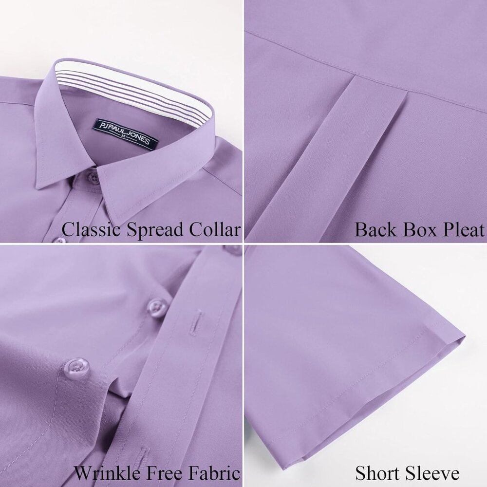 Men's Light Purple Short Sleeve Dress Stretch Wrinkle Free Untucked Shirts - Picture 7 of 7